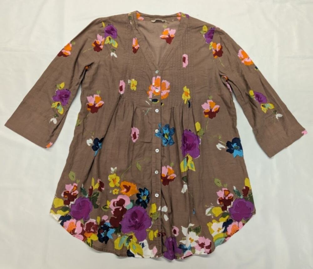 Soft Surroundings Tunic Button up Top Womens Large Multicolor Floral V-Neck